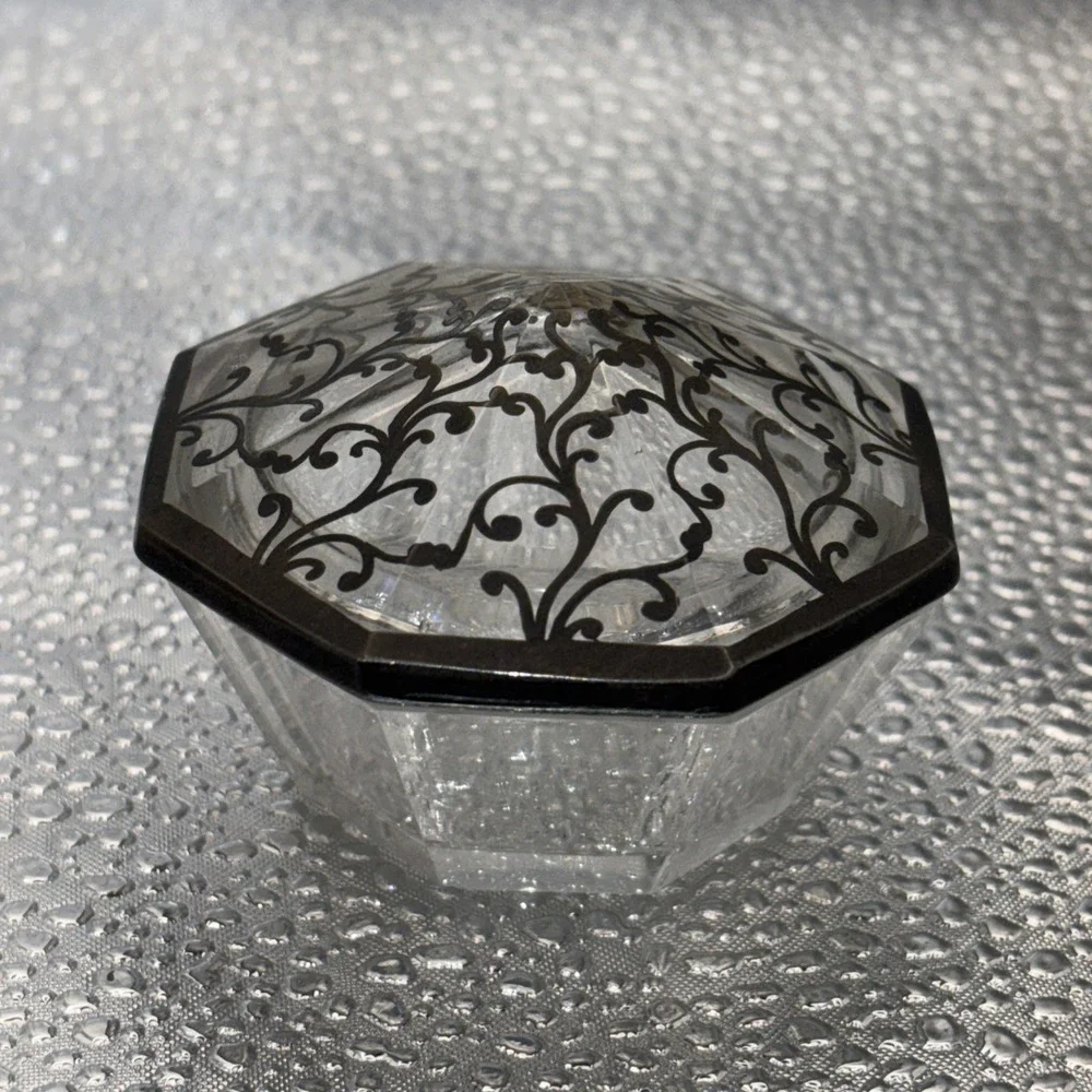 Antique Faceted crystal glass box dresser vanity jar sterling silver Inlaid Lid